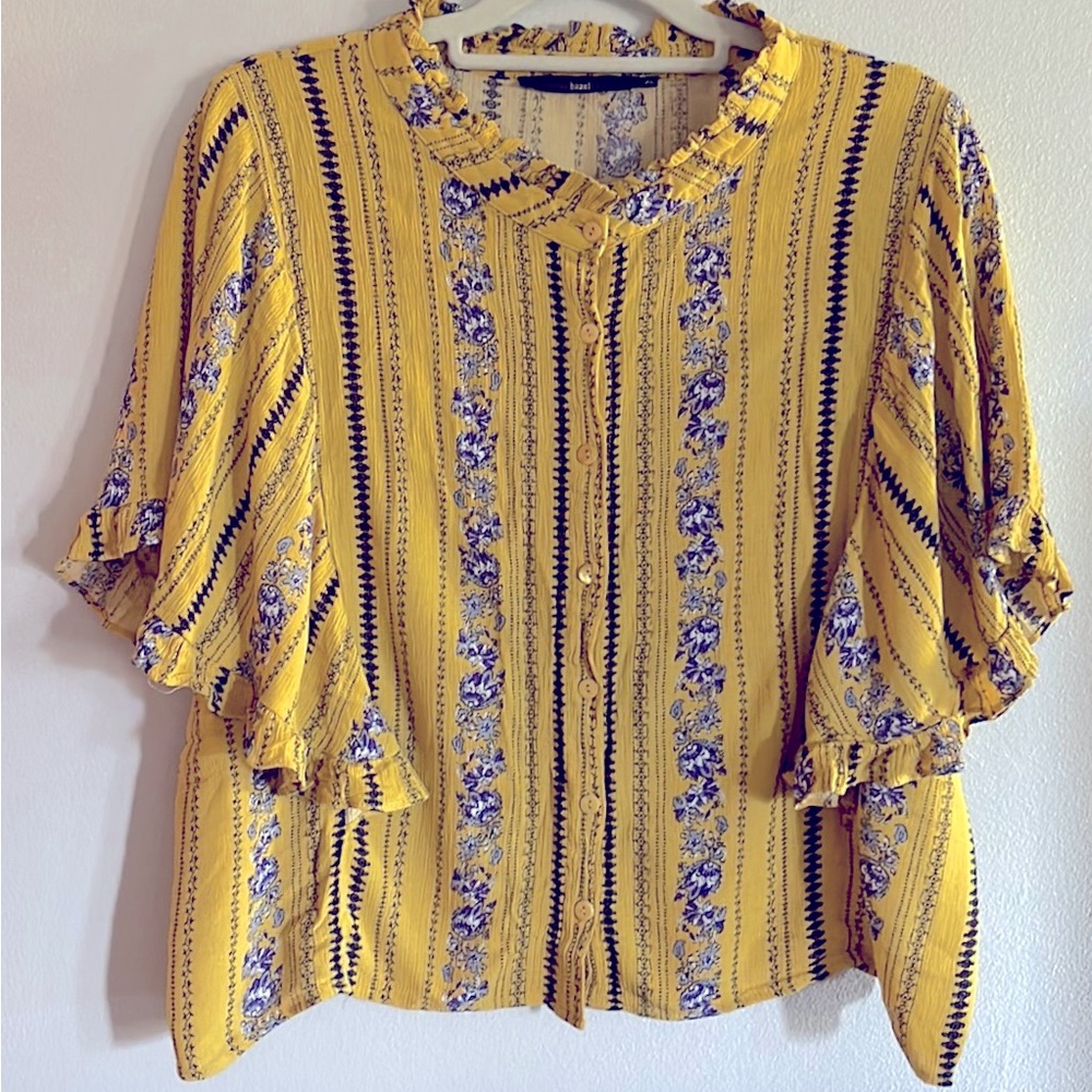 Women’s mustard yellow cropped button up floral flutter sleeves